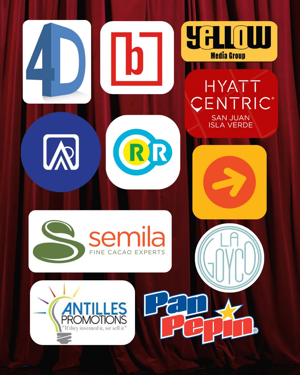 Collage de logos de auspiciadores sobre telones rojos